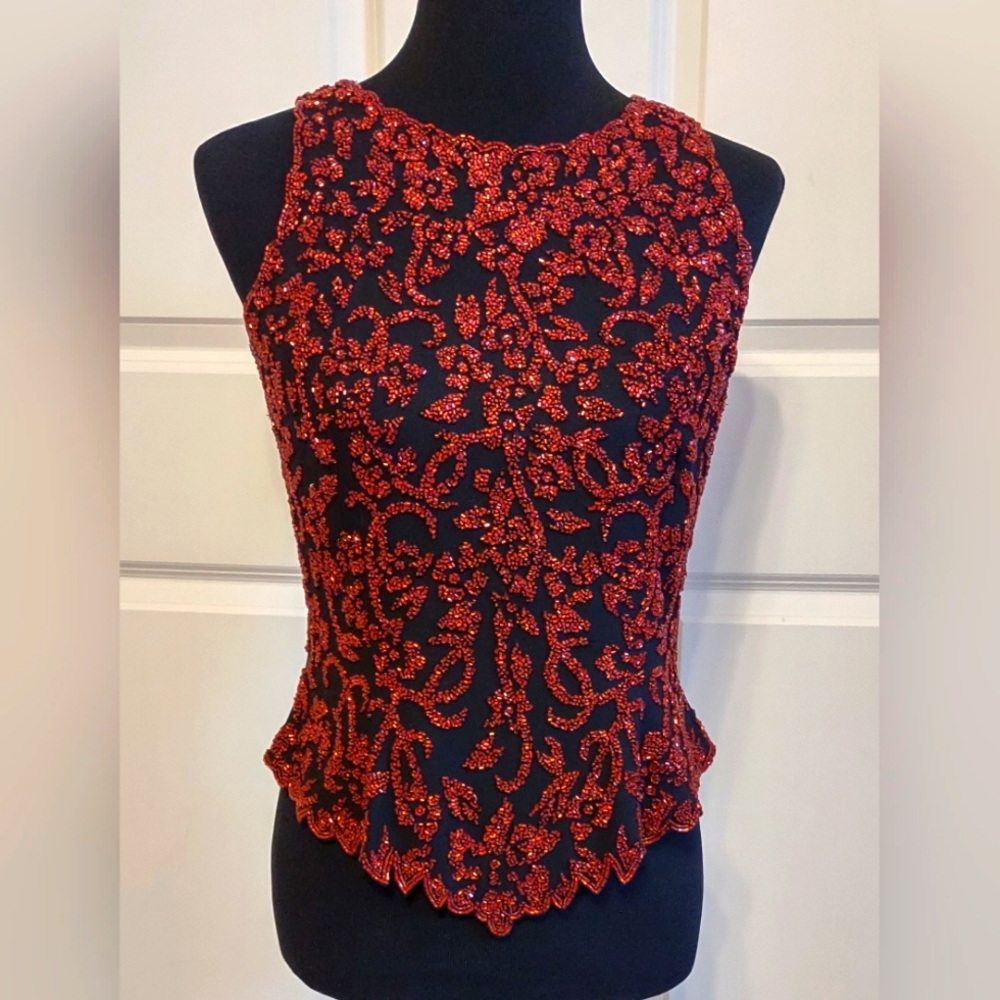 Stunning! Vintage J Kara Red on Black Beaded Formal Sleeveless Top EUC